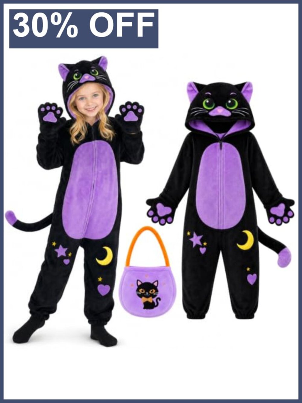 Kids Black Cat Costume Onesie with Treat Bag Halloween Dress Up